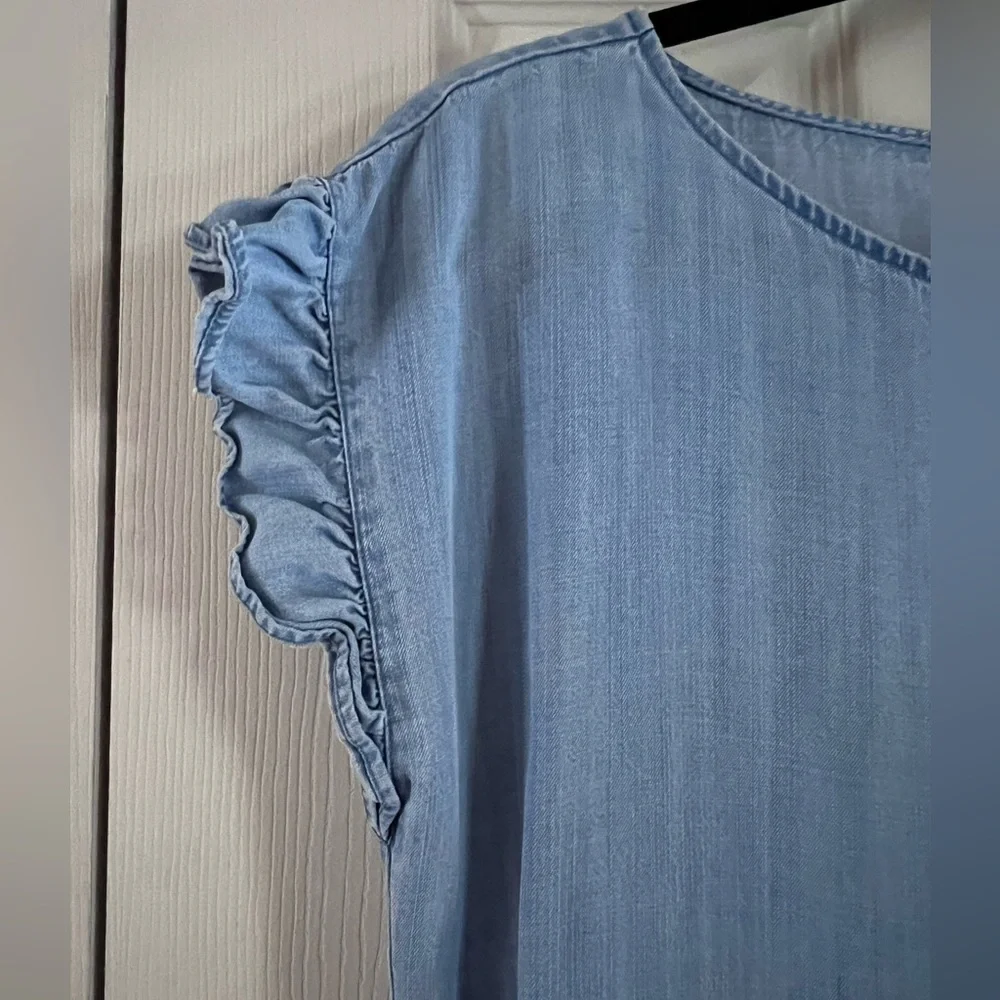 LOFT chambray tiered ruffle-sleeve mini dress - Picture 3 of 5